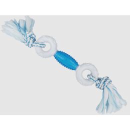 Multipet Canine Clean Peppermint Dumbbell With TPR Core & Rope Ends Dog Toy Blue, White 11 in